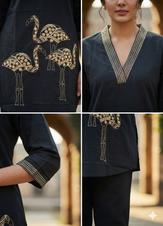 Black Ostrich Embroidered Cotton Co-Ord Set