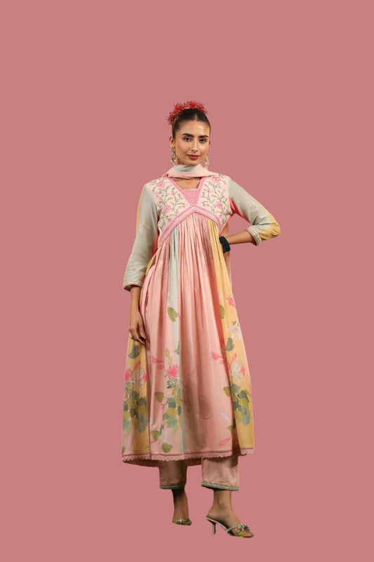Floral printed mul cotton embroidered Salwar suit for women - Suit Set Kurti Pant Dupatta Set