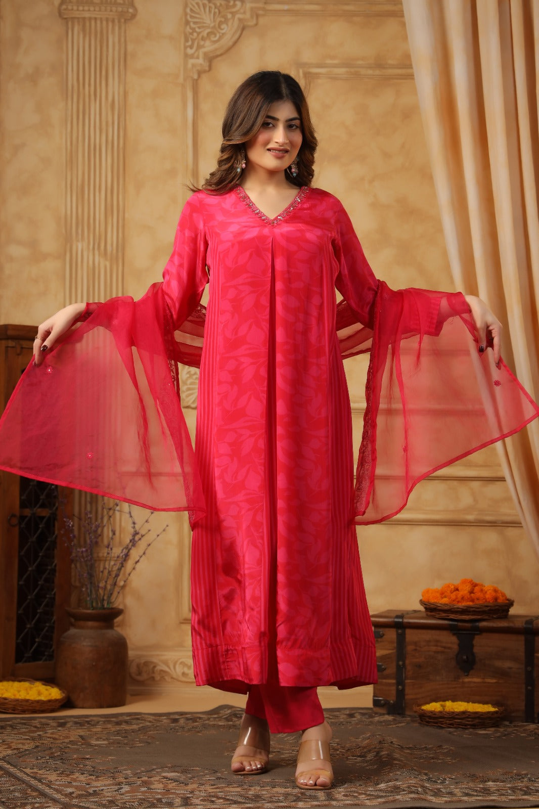 Pink Party wear Suit set - Suit Set Kurti Pant Dupatta Set