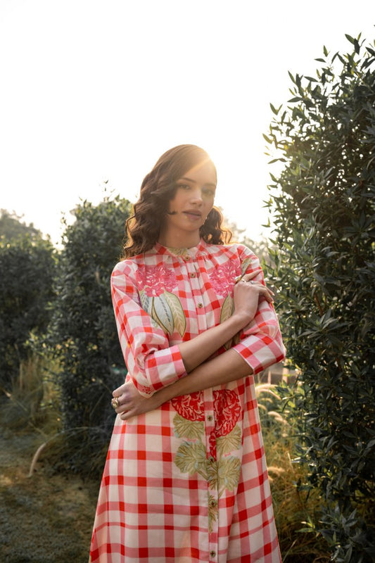 Red and White Kurti Pant checkered floral set for women| Casual and Occasion Wear - Coord Set for Women