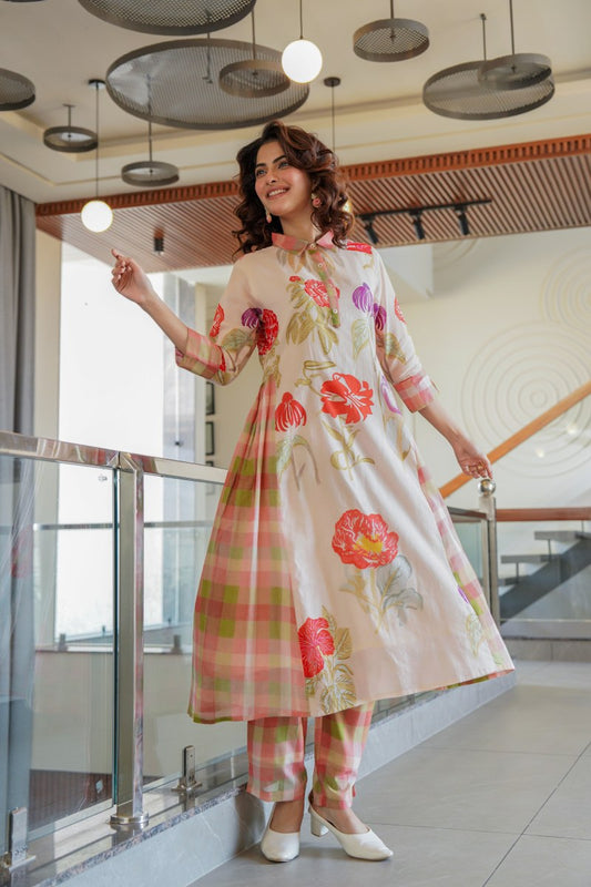 Women Floral Printed Cotton A-Line Kurti Pant set| Checkered & floral design Collar Neck| Daily And Occasion Wear