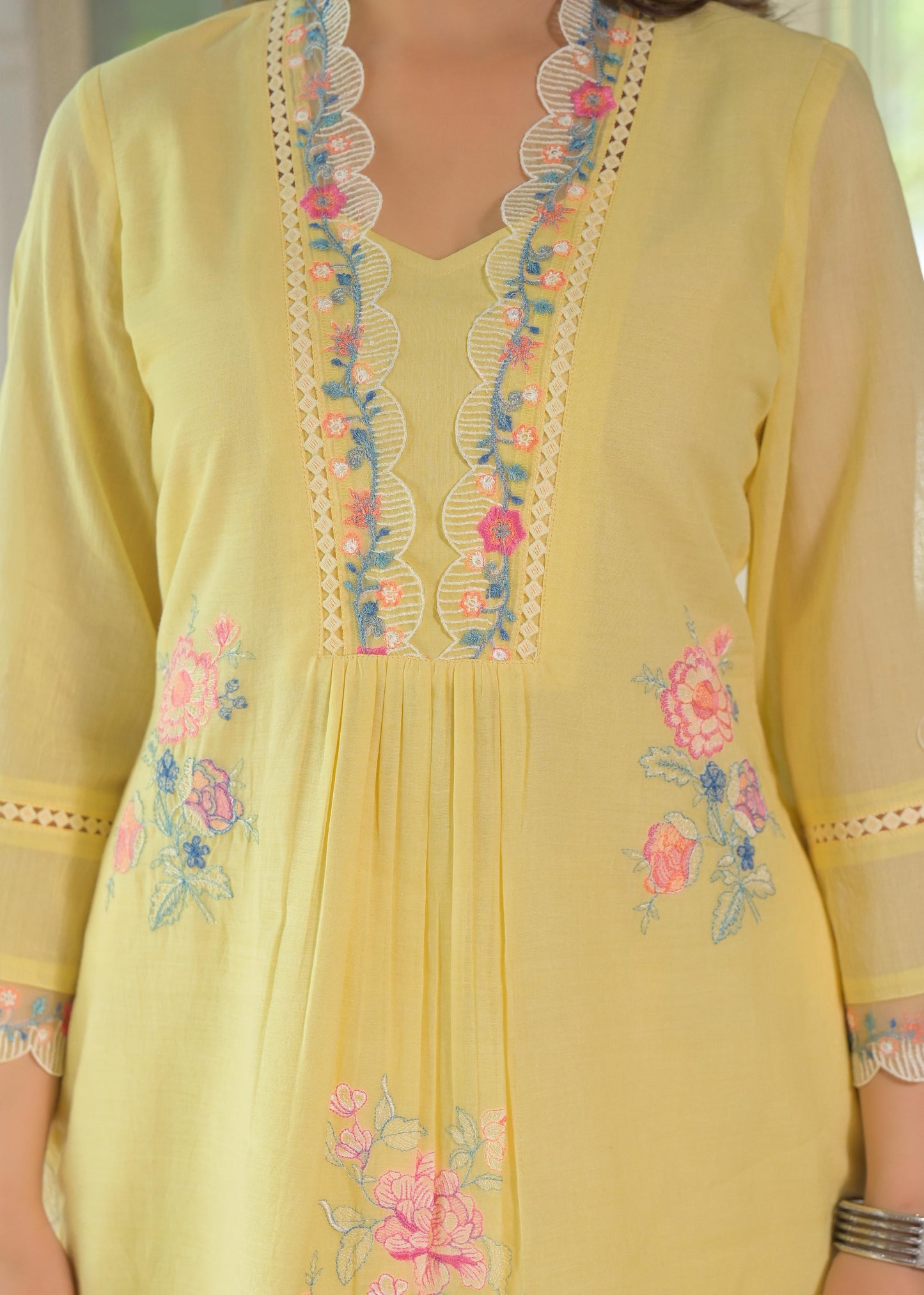 Mul Cotton Embroidered Kurti Pant set-Yellow Co-Ord Set with floral embroidery