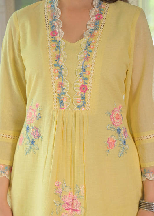 Mul Cotton Embroidered Kurti Pant set-Yellow Co-Ord Set with floral embroidery