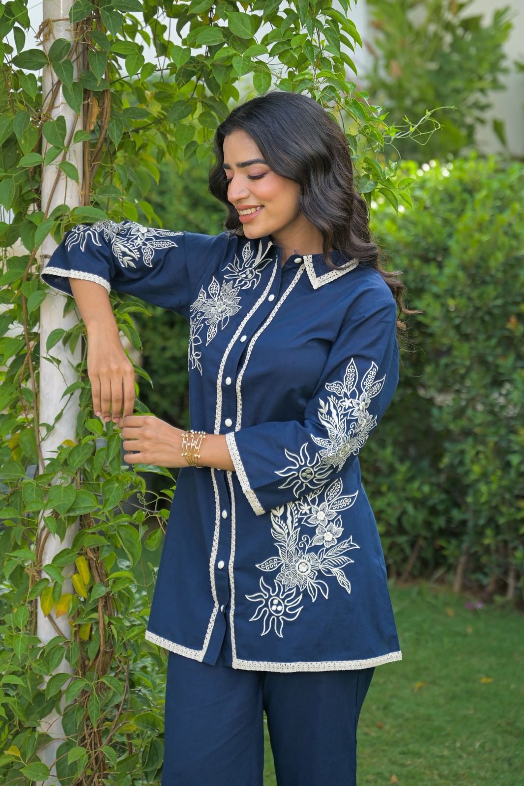 Collared embroidered Co-ord set with two colour options Red and Blue