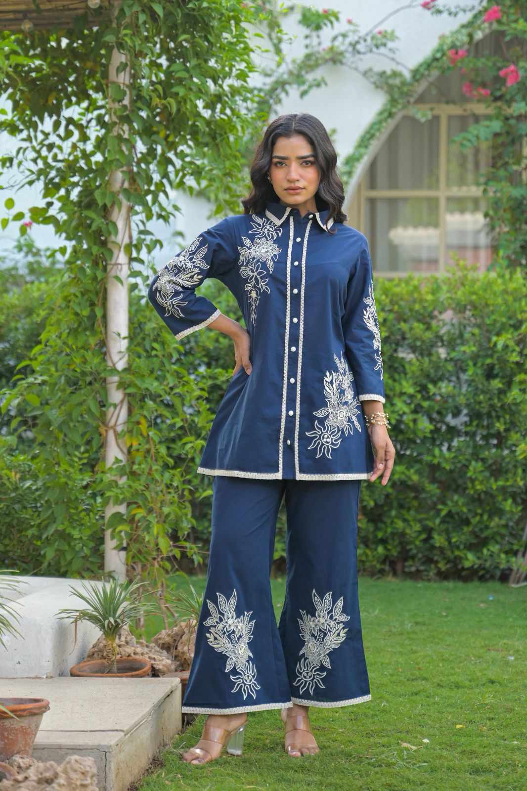 Collared embroidered Co-ord set with two colour options Red and Blue
