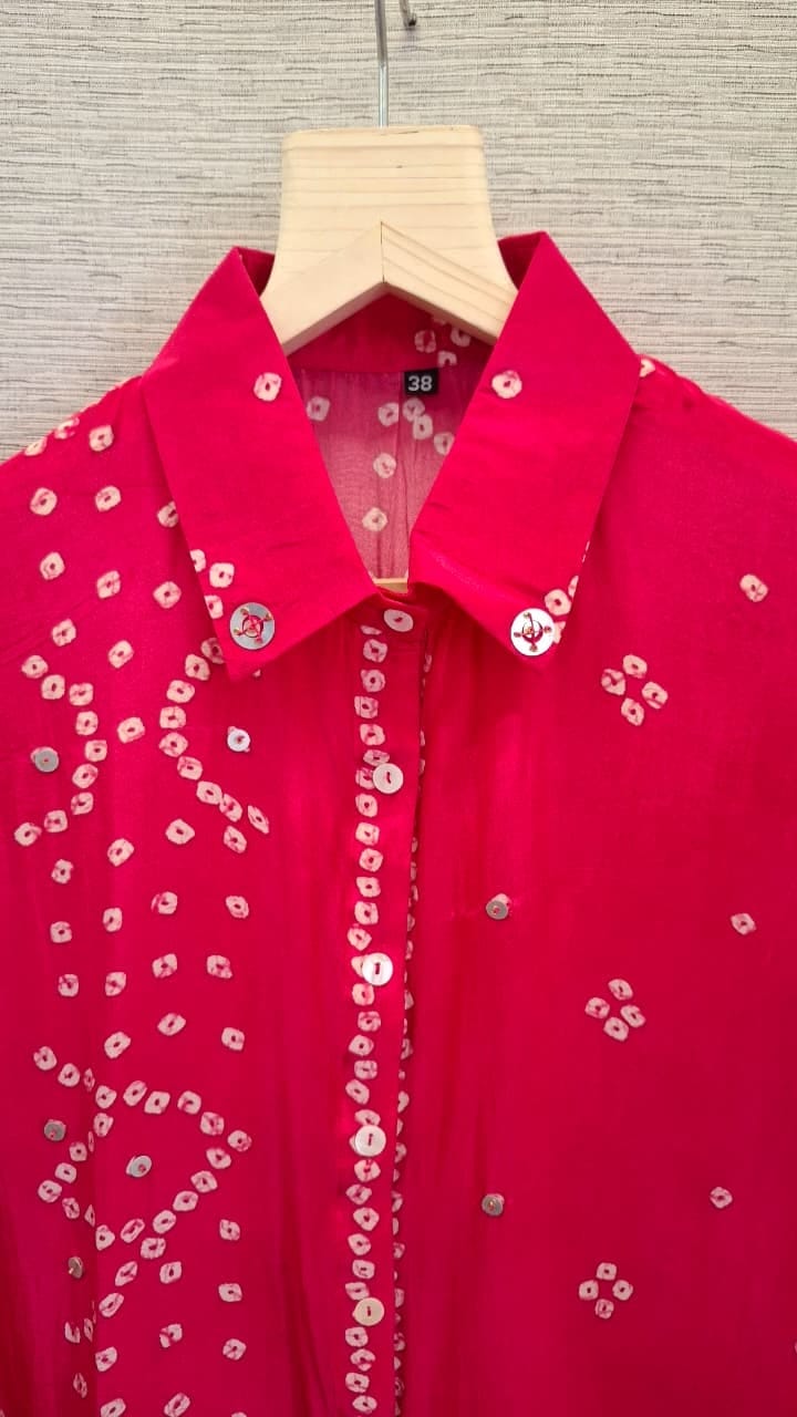 Pink Bandhani Printed Indo-Western Crepe Shirt Top