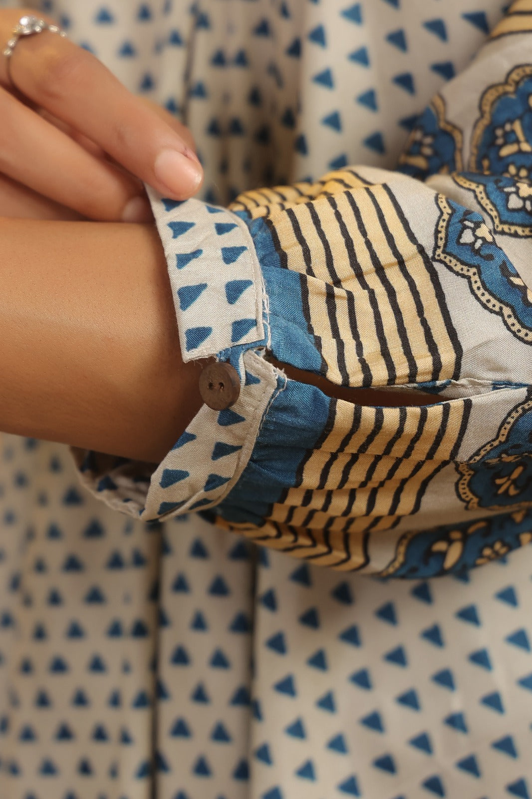 Blue Beige Muslin Flared Kurti with Printed Sleeves for Women