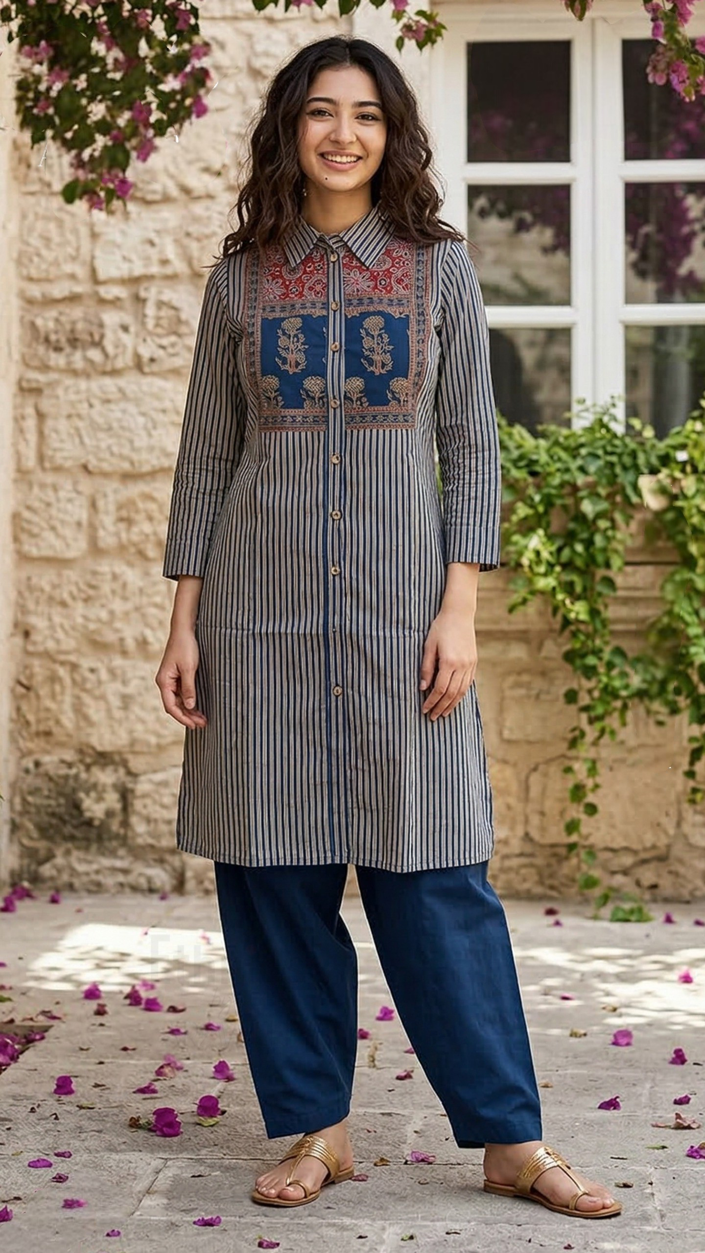 Blue & Red Print Cotton Kurti Pant Set