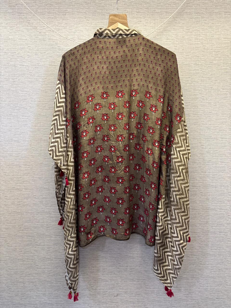 Olive Red Floral Printed Fusion Kaftan Top