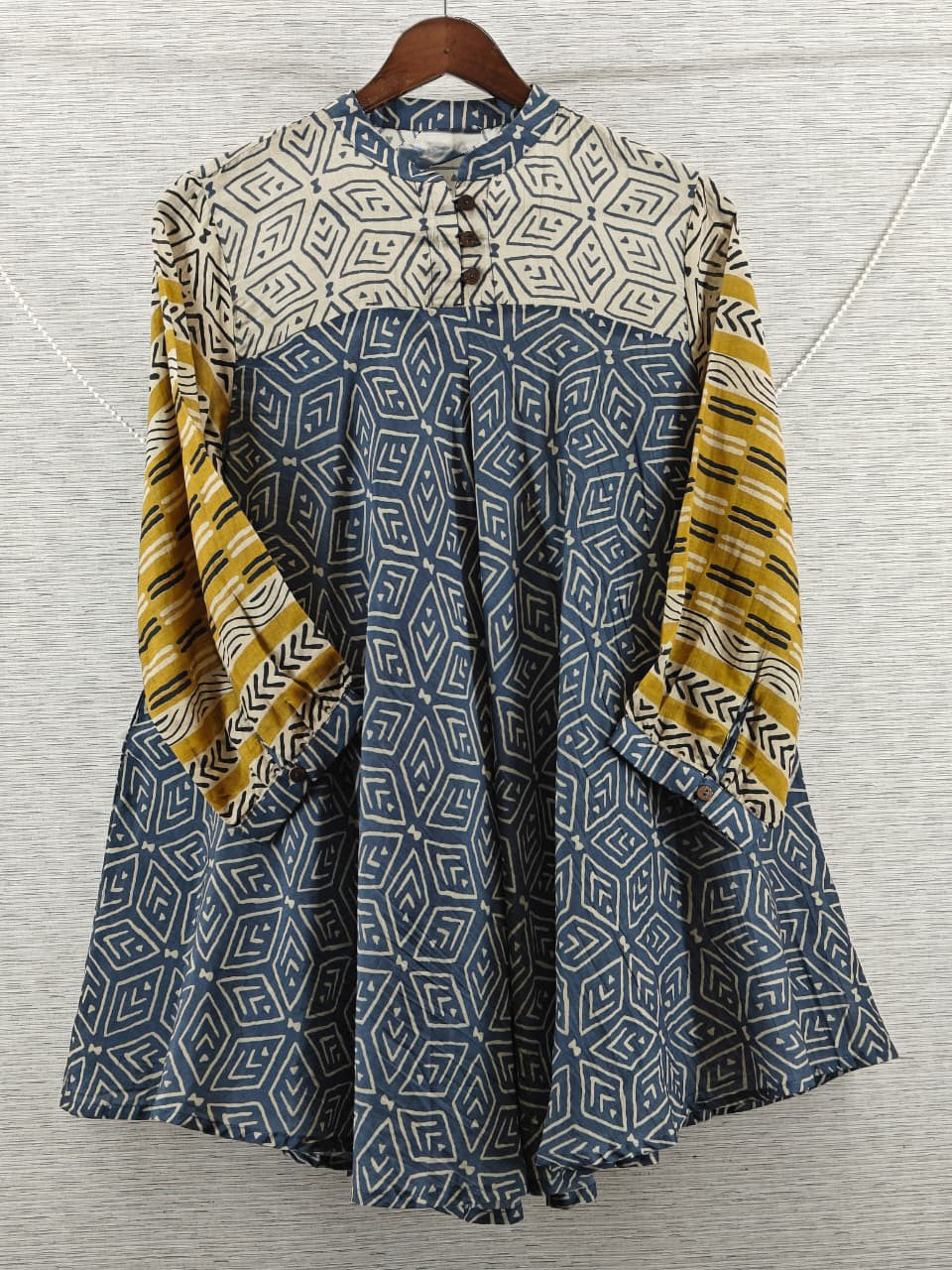 Blue Yellow ethnic Mul Chanderi Short Kurti for Women