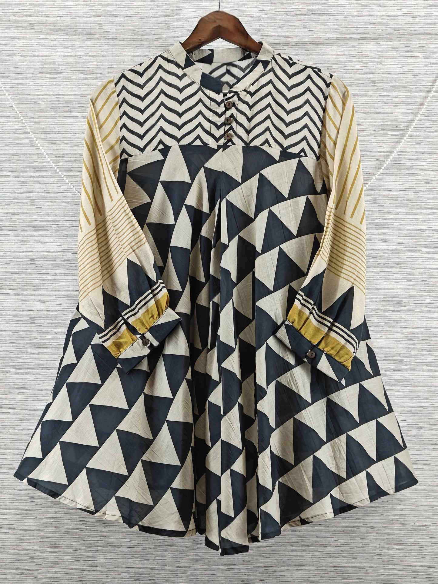 Yellow & Black Chevron Triangular Mul Chanderi Short Kurti for Women