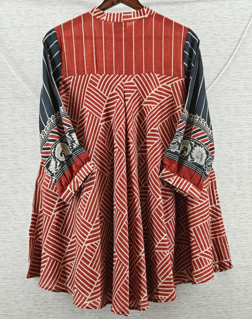 Red black stripe and ajrakh inspired Mul Chanderi Short Kurti for Women