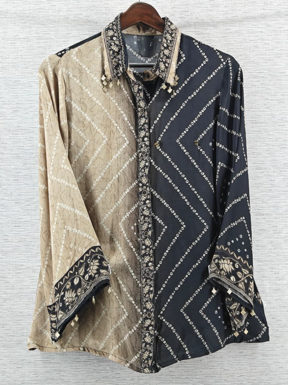 Black Bandhani Kalamkari Printed Crepe Shirt