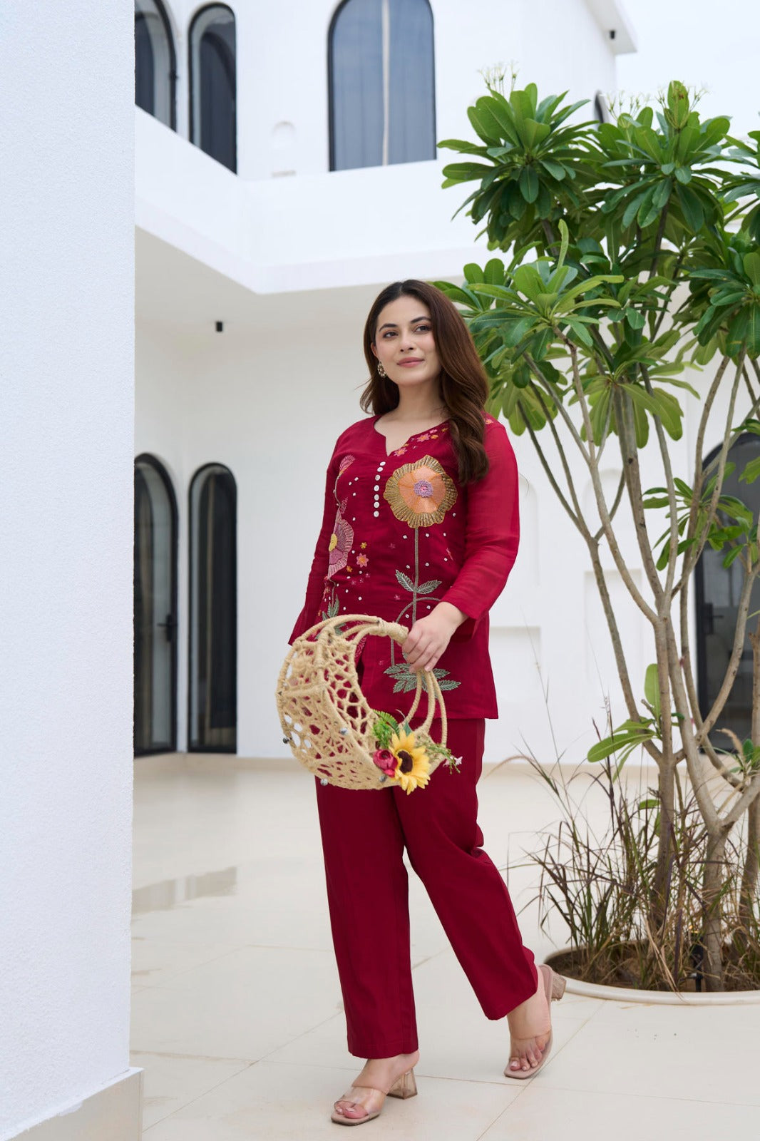 Red floral embroidered Co-ord set