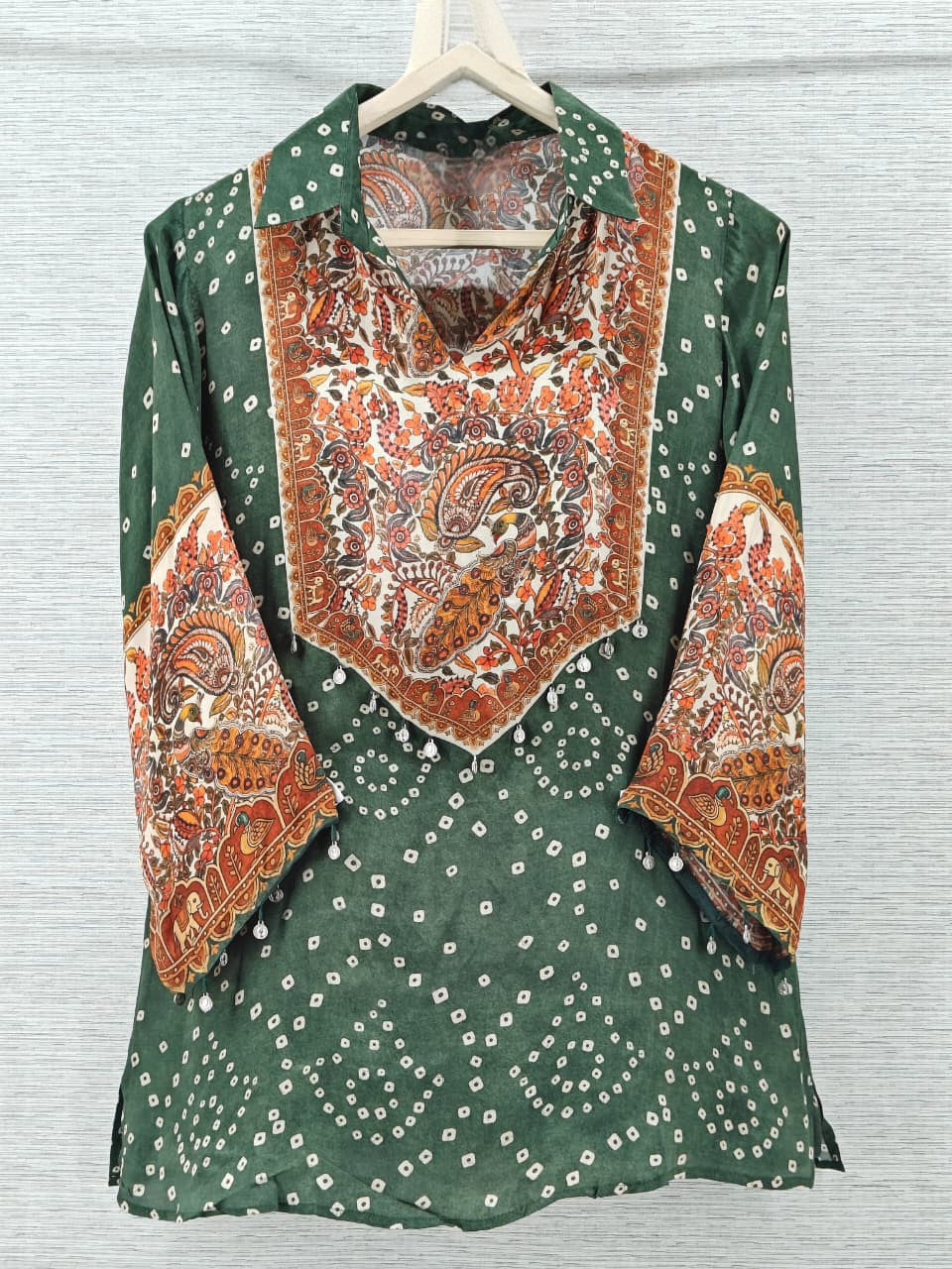 Green Bandhani Kalamkari Printed Crepe Shirt
