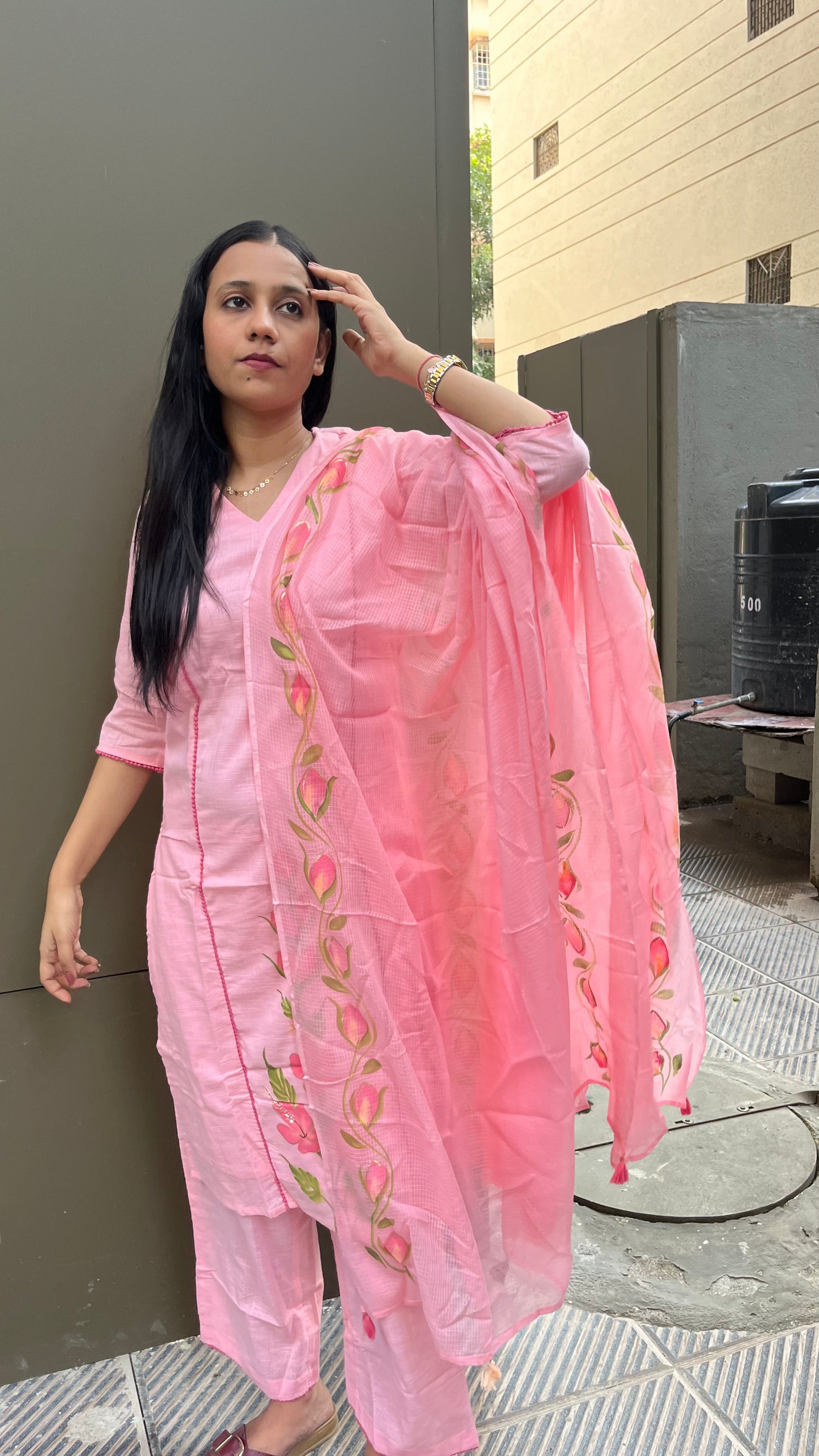 Handpainted Cotton Kurta Pant Dupatta Set