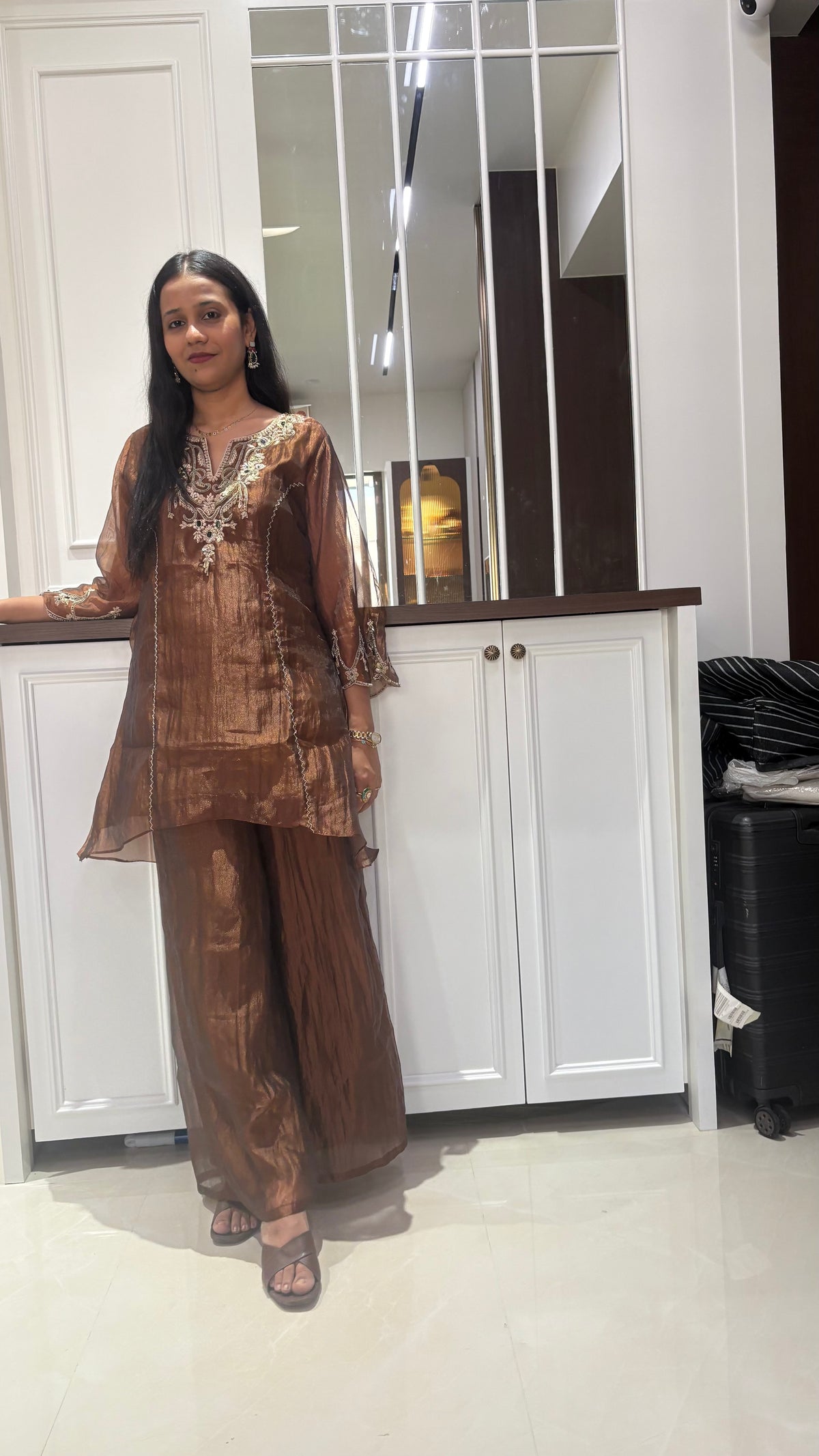 Brown Tissue Green Embellished Kurta set