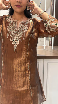 Brown Tissue Green Embellished Kurta set