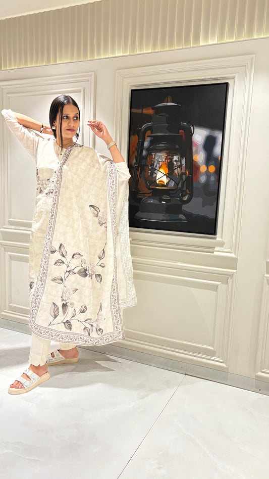 White abstract print Salwar Suit - Suit Set Kurti Pant Dupatta Set