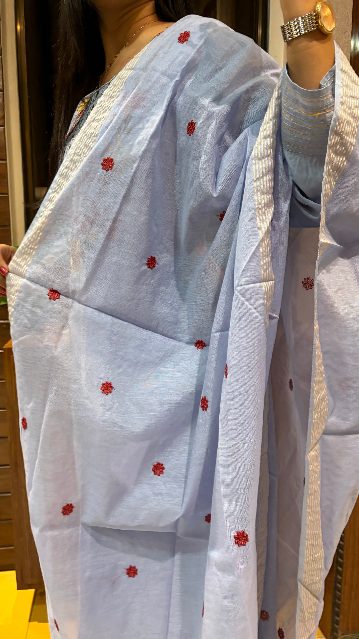 Mul Chanderi Embroidered Kurta Pant Dupatta set - Suit Set Kurti Pant Dupatta Set