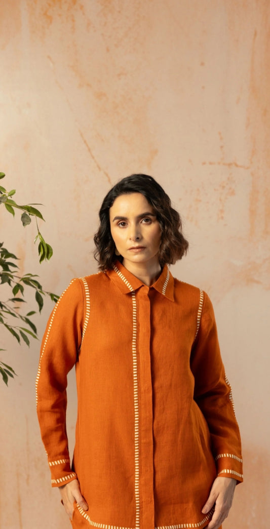 Rust Cotton Linen Co-Ord with Printed Trims