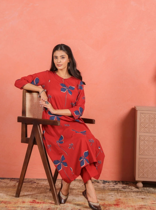 Asymmetric Floral Print Cotton Printed Kurta Pant Set