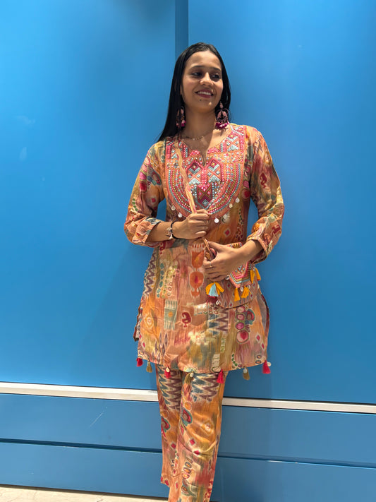 Indo-western Kurta Pant set Printed with Purse - Coord Set for Women