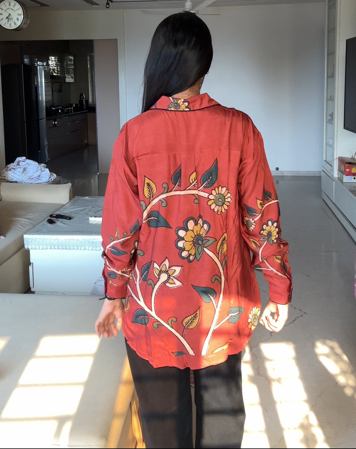 Red Kalamkari-Inspired Floral Muslin Shirt