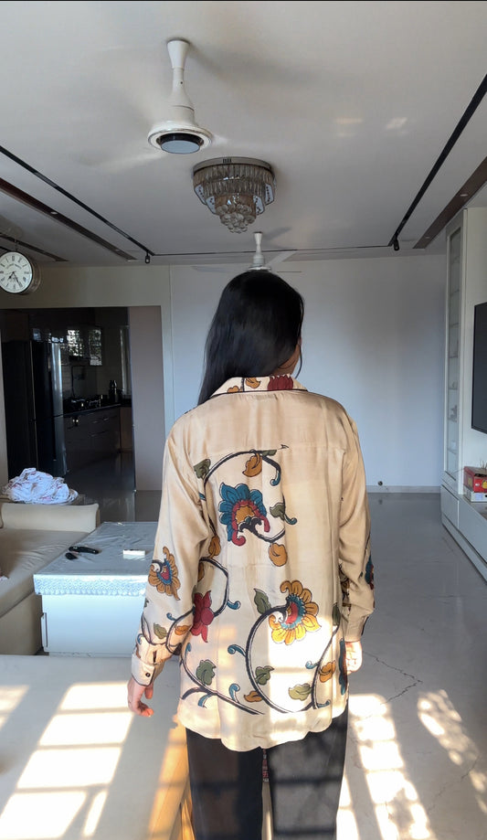 Beige Kalamkari-Inspired Floral Muslin Shirt