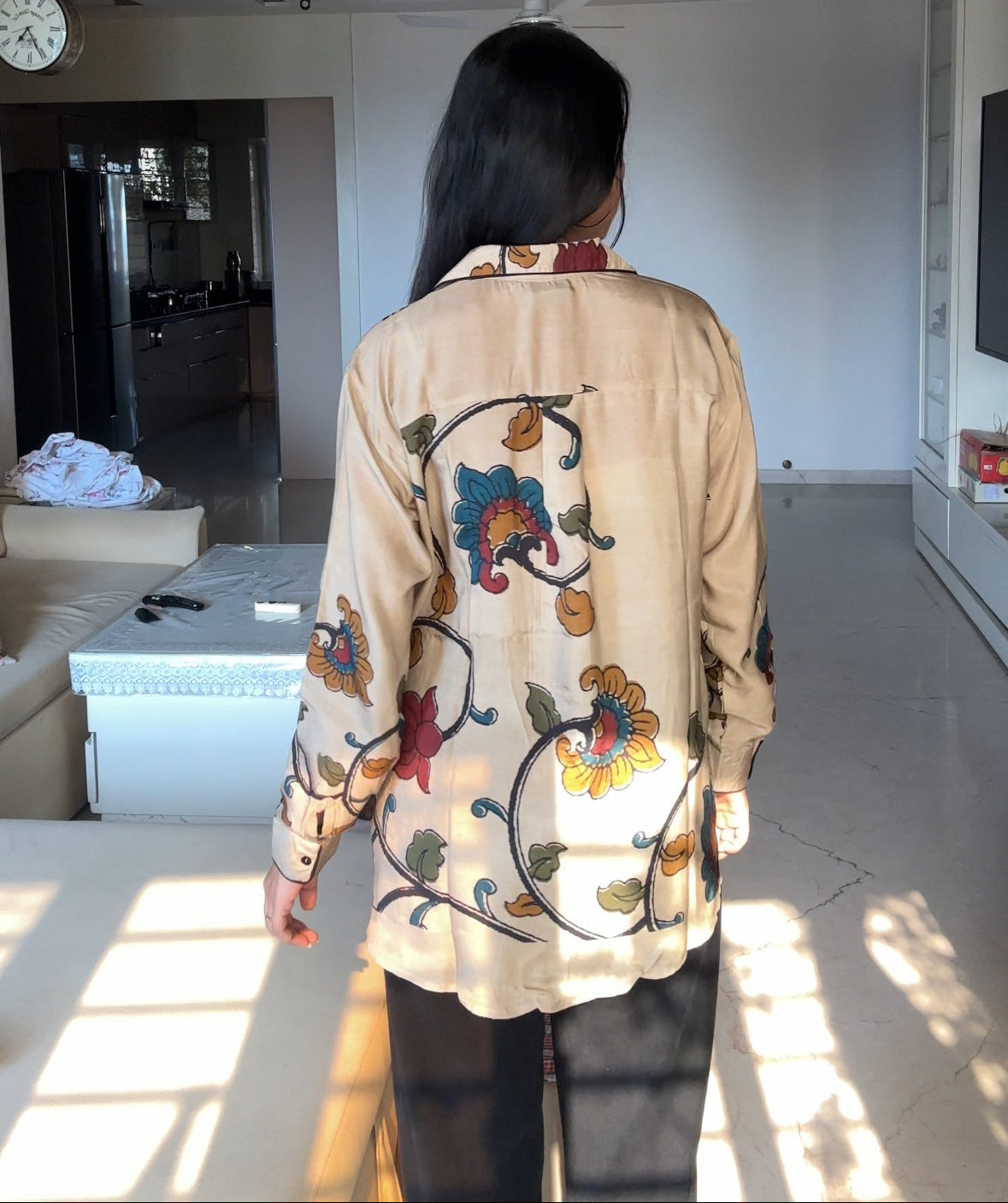 Beige Kalamkari-Inspired Floral Muslin Shirt