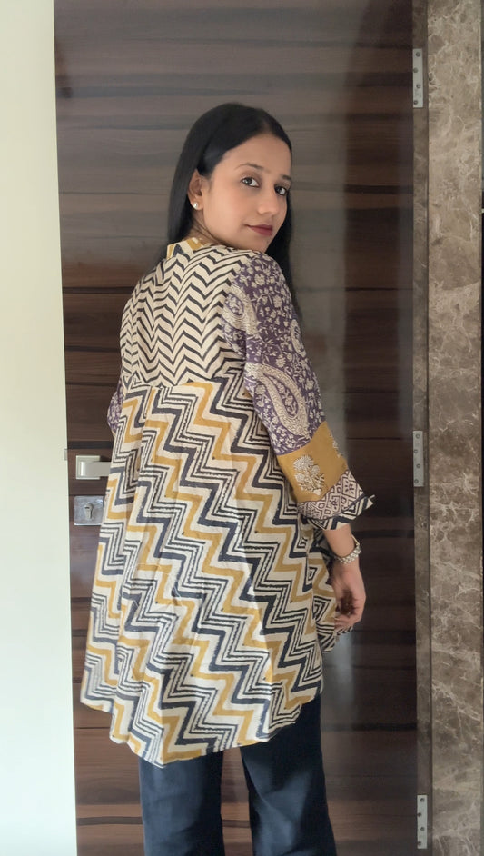Yellow Purple Chevron Print Fusion A-Line Kurti for Women