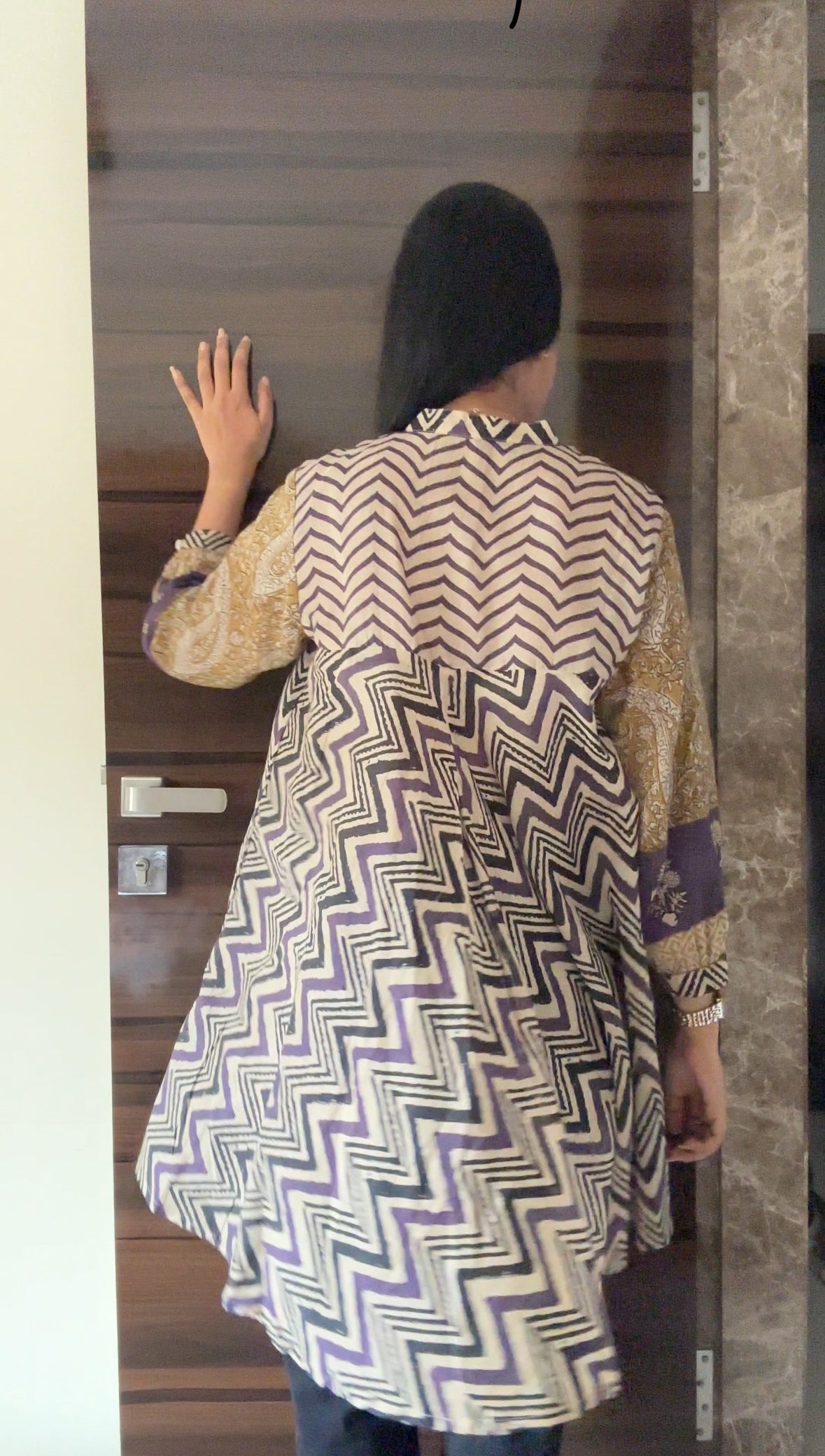 Purple Yellow Chevron Print Fusion A-Line Kurti