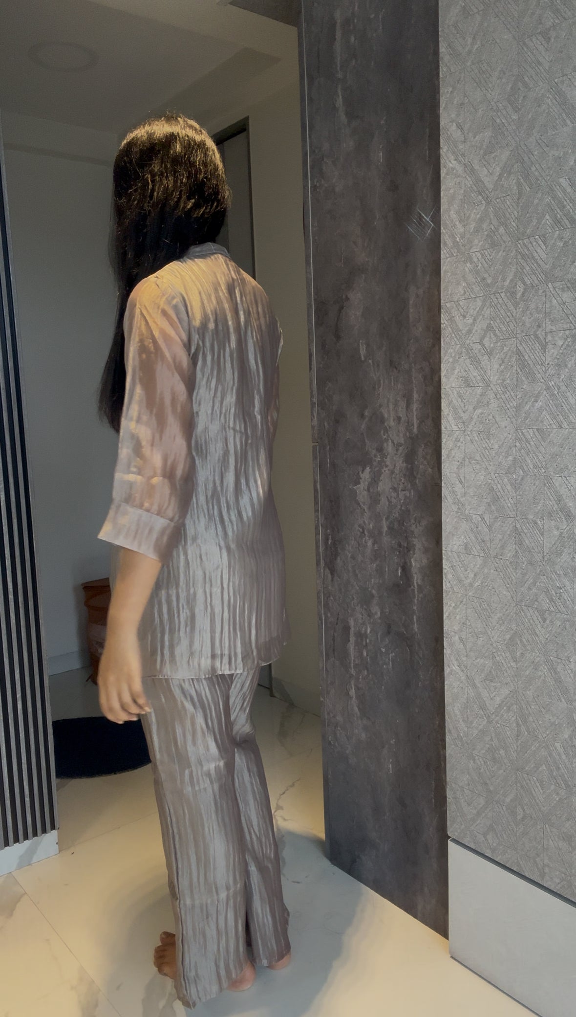 Grey Floral Patchwork Co-Ord set in Tissue Fabric