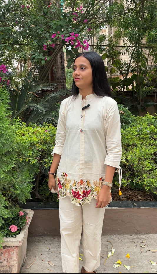 Floral Embroidered Beige Co-ord set