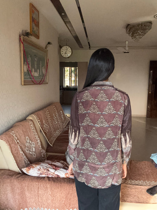 Deep Brown Ajrakh Printed Indo-Western Crepe Shirt Top