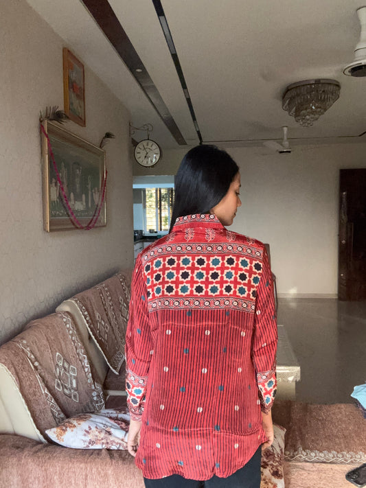 Red Ajrakh Printed Indo-Western Crepe Shirt Top