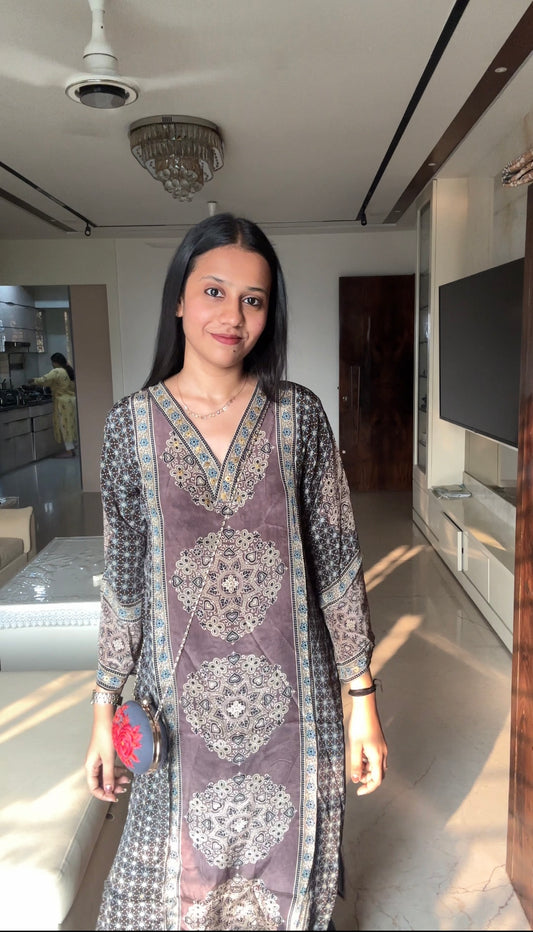 Ajrakh Print Kurta Pant set- Red and Brown Colour