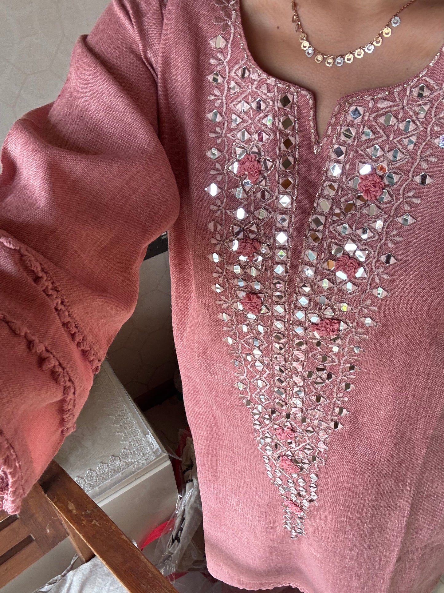 Peach Mirror Work Indo western kurta set