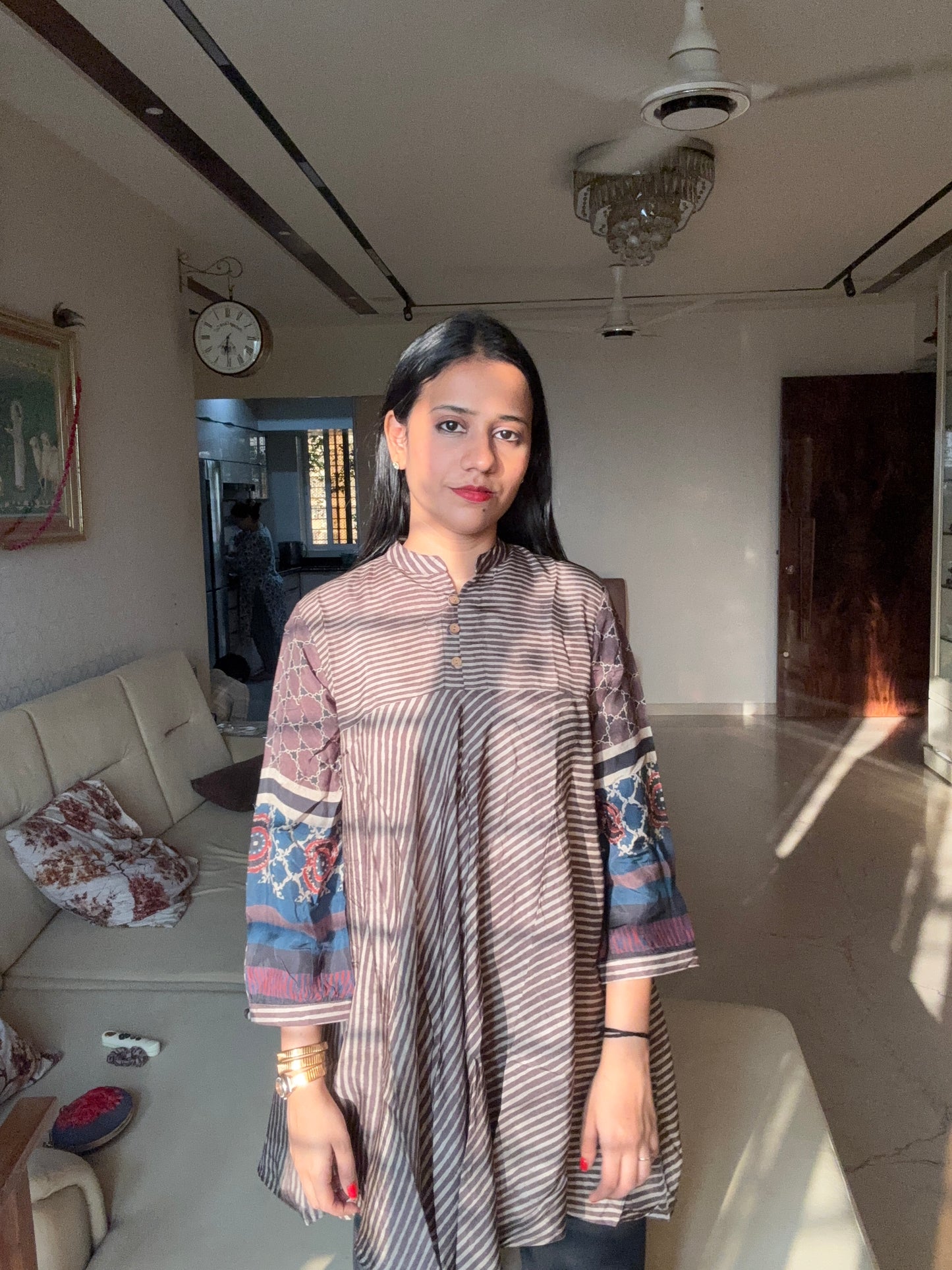 Brown Muslin Flared Kurti with Printed Sleeves for Women