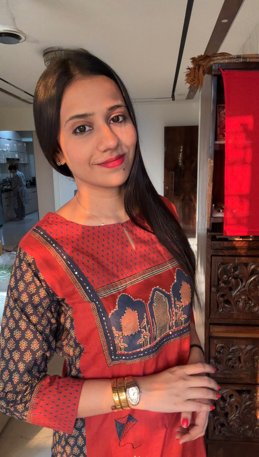 Rust Kite Motif Printed Cotton Kurta Pant Set