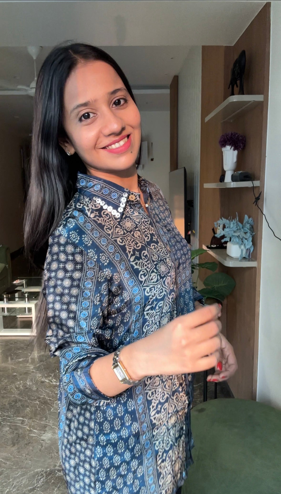 Designer Blue Ajrakh Printed Indo-Western Crepe Shirt Top