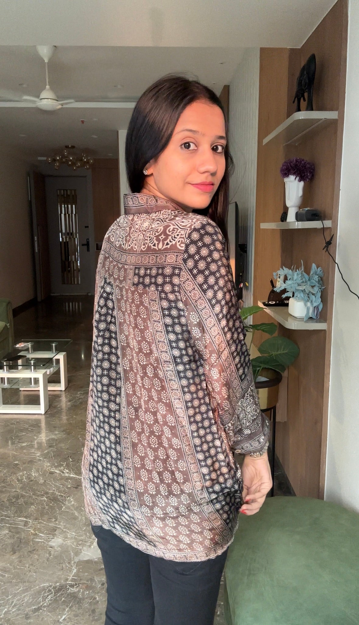 Designer Brown Ajrakh Printed Crepe Shirt