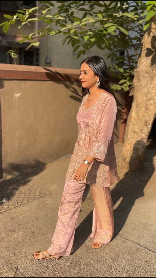 Peach Tissue Indo-Western Set- Blouse Kurta and Palazzo - Kurti Pant Set