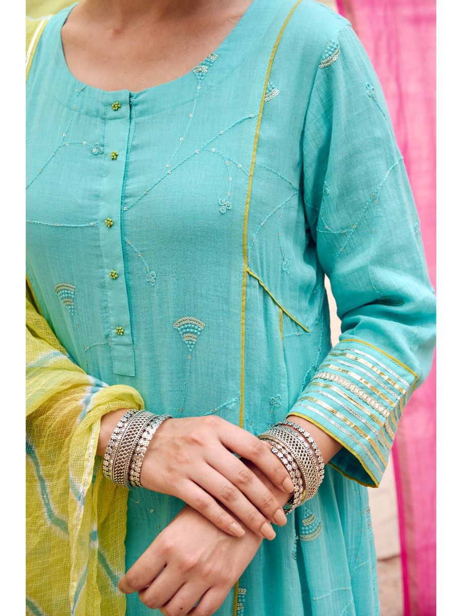 Firozi embroidered Kurta Pant Dupatta Set