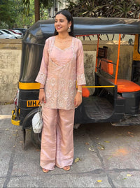 Peach Tissue Indo-Western Set- Blouse Kurta and Palazzo - Kurti Pant Set