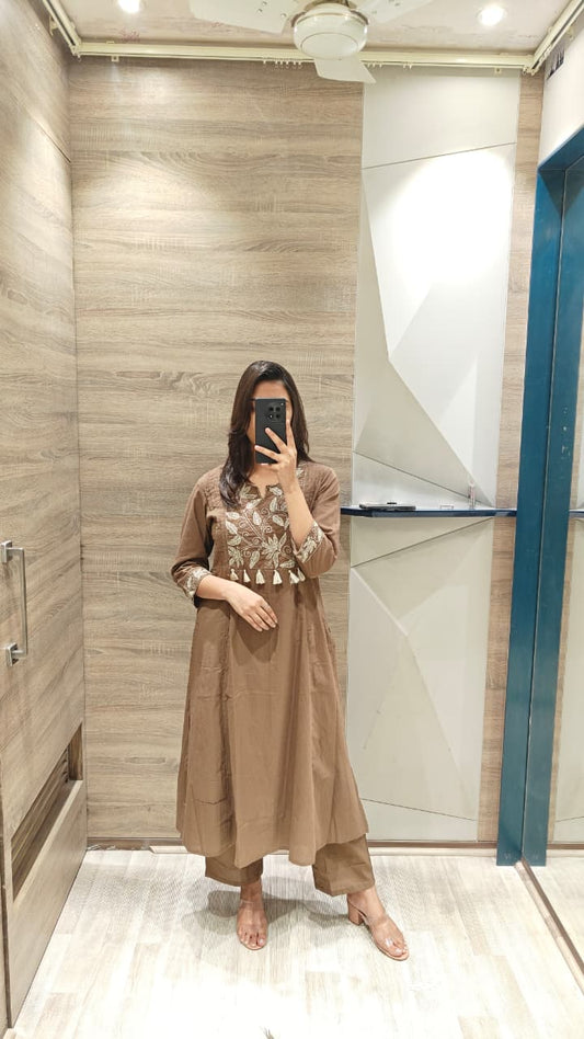 Mocha Brown Embroidered Cotton Kurta Set for Women