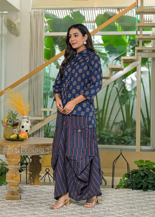 Blue Cotton Jaipuri printed Shirt with Draped pants