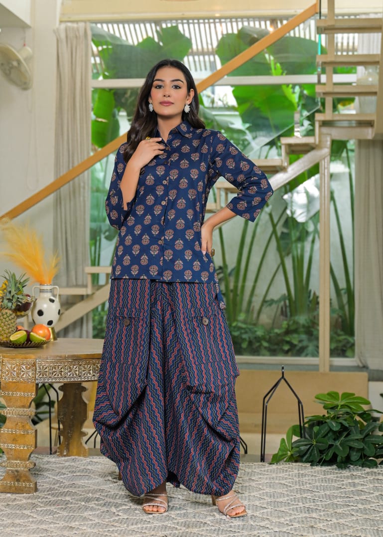Blue Cotton Jaipuri printed Shirt with Draped pants