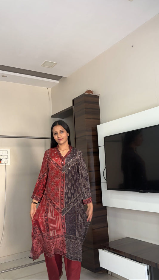 Ajrakh Print Mirror work Kurta Pant set- Red/Brown and Brown/Blue Colour - Kurti Pant Set