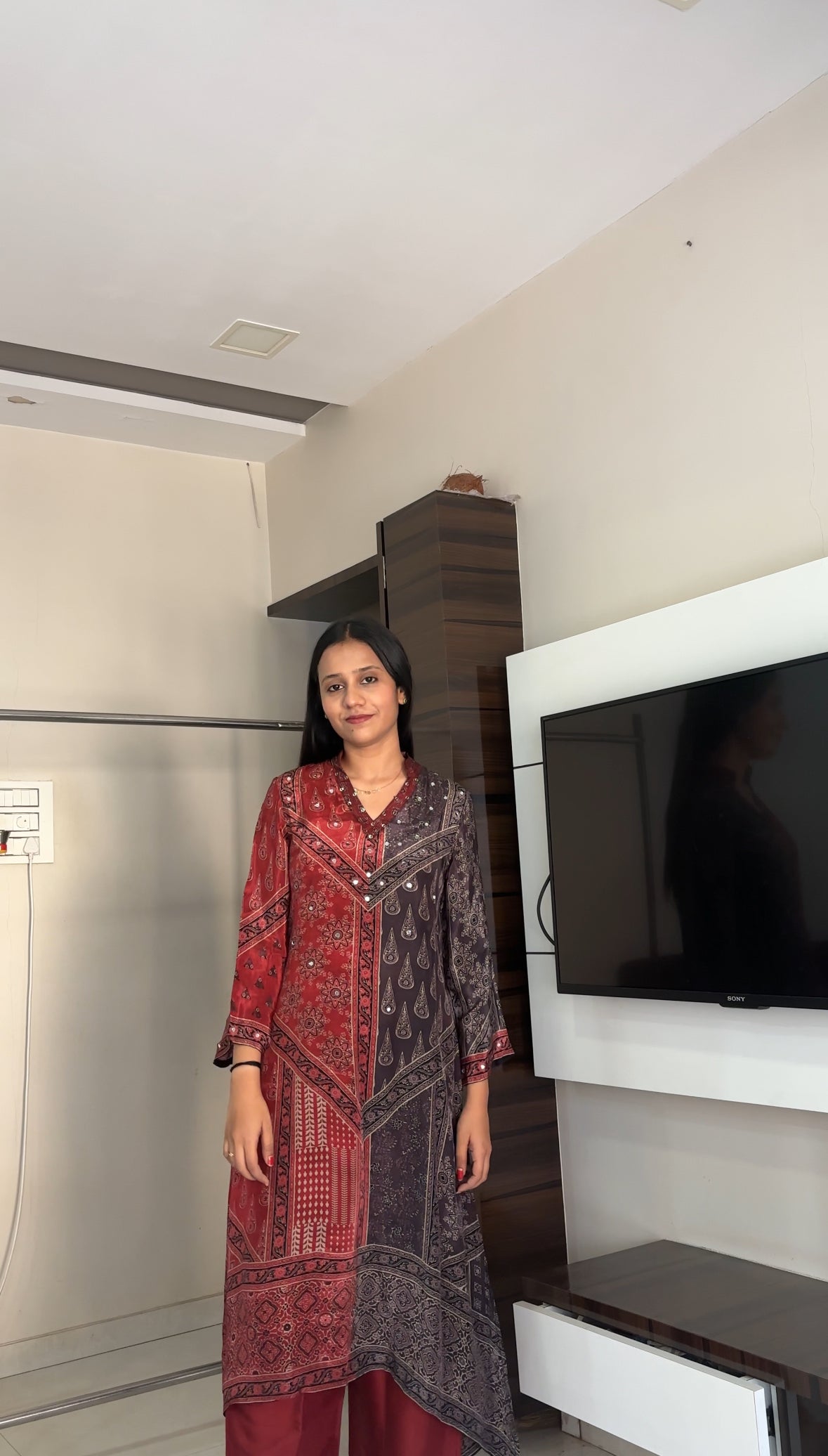 Ajrakh Print Mirror work Kurta Pant set- Red/Brown and Brown/Blue Colour - Kurti Pant Set